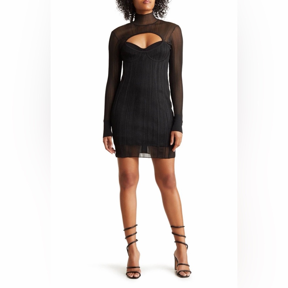 Herve Leger Black Sheer Ribbed Long-Sleeve Mini Dress